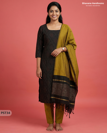Pochampally Semi Pattu 3PC Kurti Set in Black Colour | Ready-to-Wear Ethnic Wear