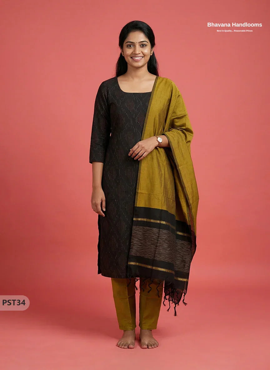 Pochampally Semi Pattu 3PC Kurti Set in Black Colour | Ready-to-Wear Ethnic Wear