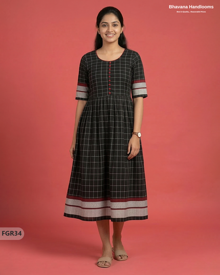 Summer Special Premium Cotton Handloom Frock with Woven Design | Black Colour