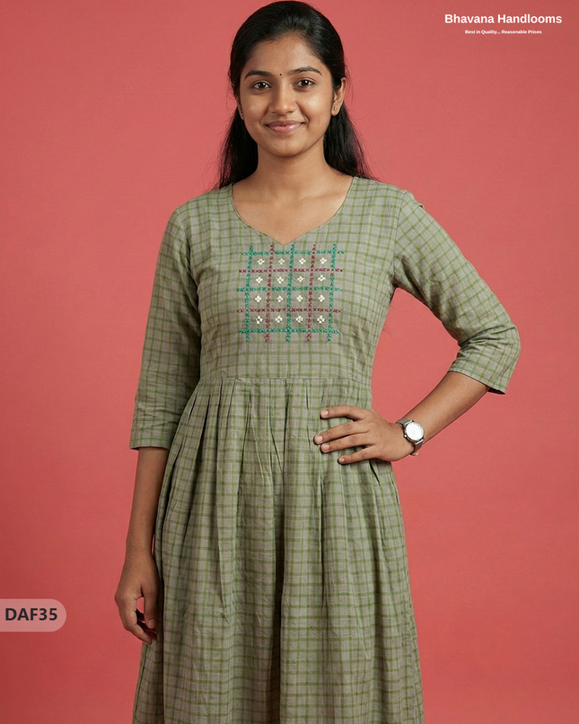 Comfortable Daily Wear Cotton Frock – Olive Green Colour | Half Lining