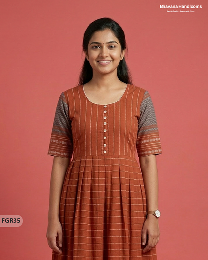 Summer Special Premium Cotton Handloom Frock with Woven Design | Brown Colour