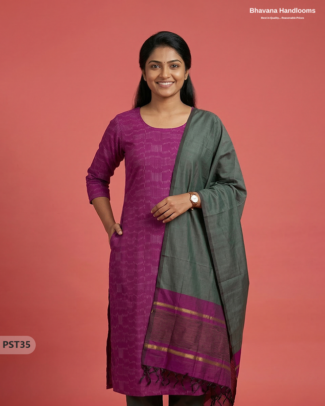 Pochampally Semi Pattu 3PC Kurti Set in Pink Colour | Ready-to-Wear Ethnic Wear