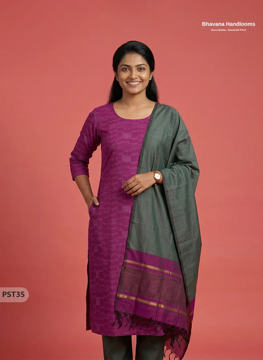 Pochampally Semi Pattu 3PC Kurti Set in Pink Colour | Ready-to-Wear Ethnic Wear