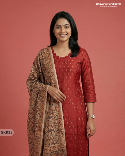 Raw Silk 3PC Kurti Set with Kalamkari Dupatta & Elastic Bottom in Orange Colour | Ethnic Wear