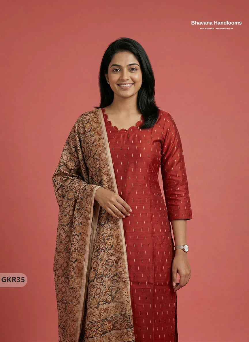 Raw Silk 3PC Kurti Set with Kalamkari Dupatta & Elastic Bottom in Orange Colour | Ethnic Wear
