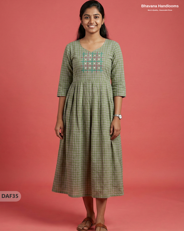 Comfortable Daily Wear Cotton Frock – Olive Green Colour | Half Lining
