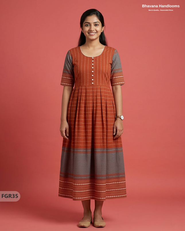 Summer Special Premium Cotton Handloom Frock with Woven Design | Brown Colour