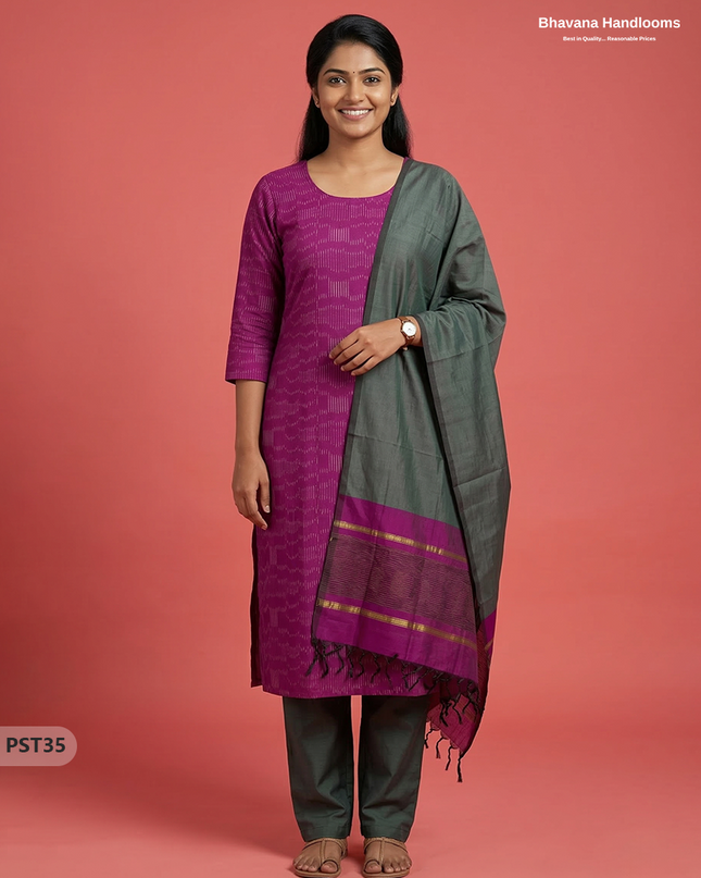 Pochampally Semi Pattu 3PC Kurti Set in Pink Colour | Ready-to-Wear Ethnic Wear