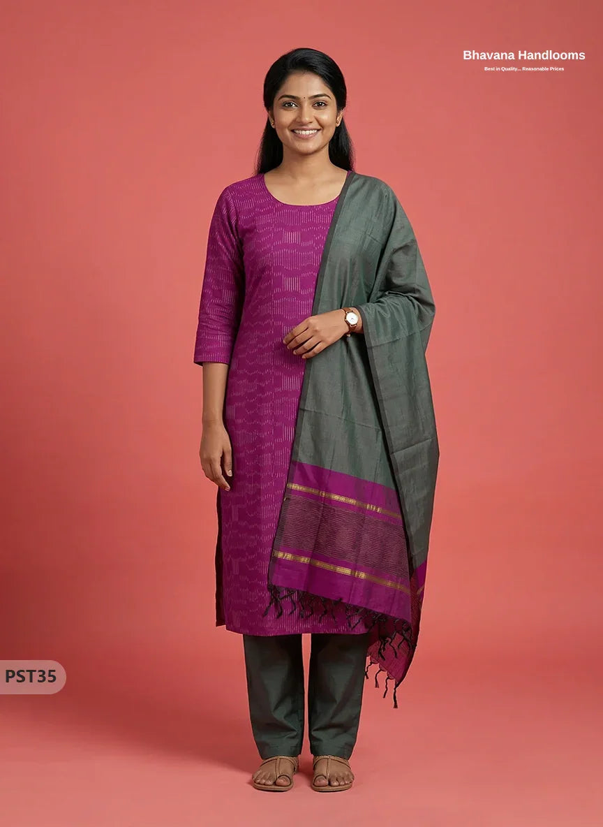 Pochampally Semi Pattu 3PC Kurti Set in Pink Colour | Ready-to-Wear Ethnic Wear