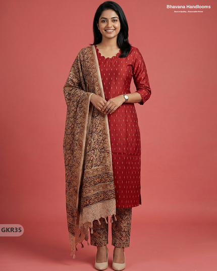 Raw Silk 3PC Kurti Set with Kalamkari Dupatta & Elastic Bottom in Orange Colour | Ethnic Wear
