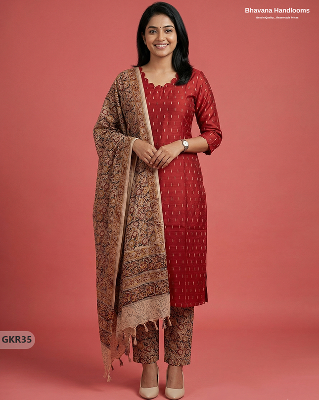 Raw Silk 3PC Kurti Set with Kalamkari Dupatta & Elastic Bottom in Orange Colour | Ethnic Wear