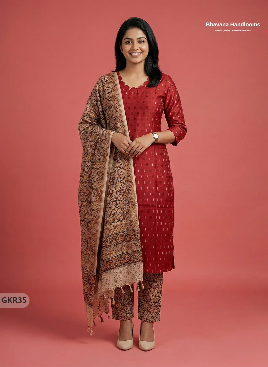 Raw Silk 3PC Kurti Set with Kalamkari Dupatta & Elastic Bottom in Orange Colour | Ethnic Wear