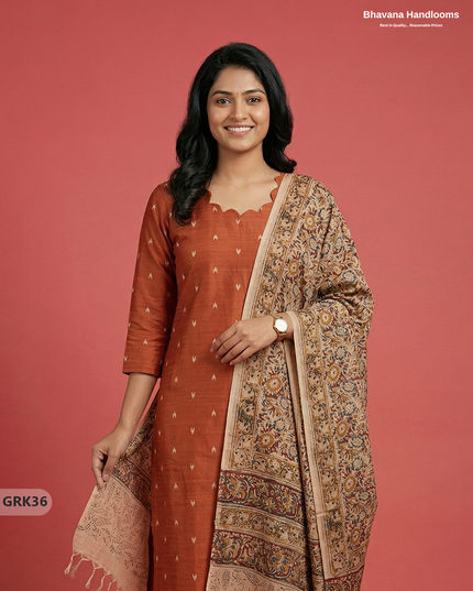 Raw Silk 3PC Kurti Set with Kalamkari Dupatta & Elastic Bottom in Orange Colour | Ethnic Wear