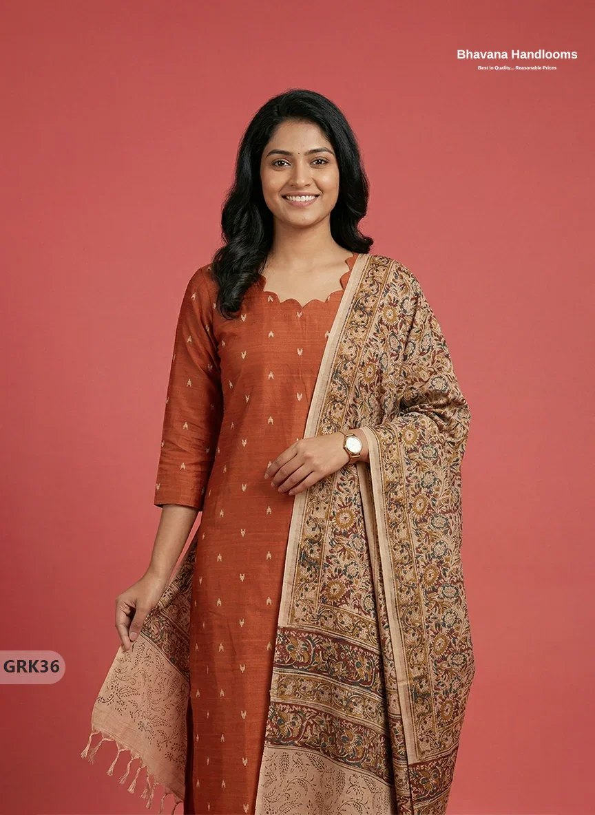 Raw Silk 3PC Kurti Set with Kalamkari Dupatta & Elastic Bottom in Orange Colour | Ethnic Wear