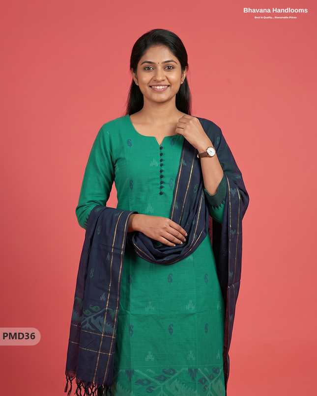 Mangalagiri  Handloom Printed Cotton Suit Set with Potli Balls – Teal Green Colour