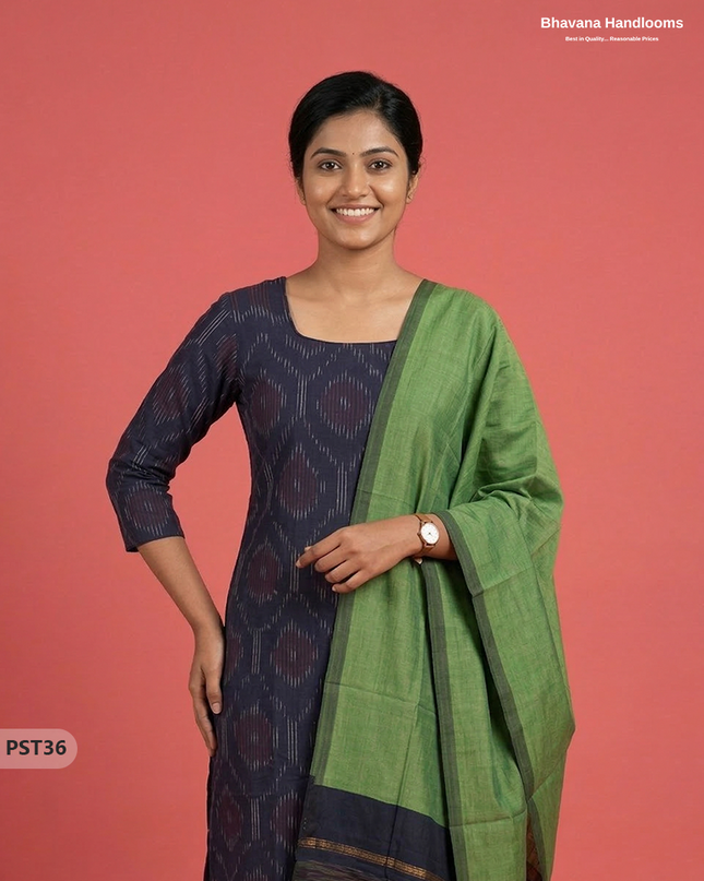 Pochampally Semi Pattu 3PC Kurti Set in Navy Blue Colour | Ready-to-Wear Ethnic Wear