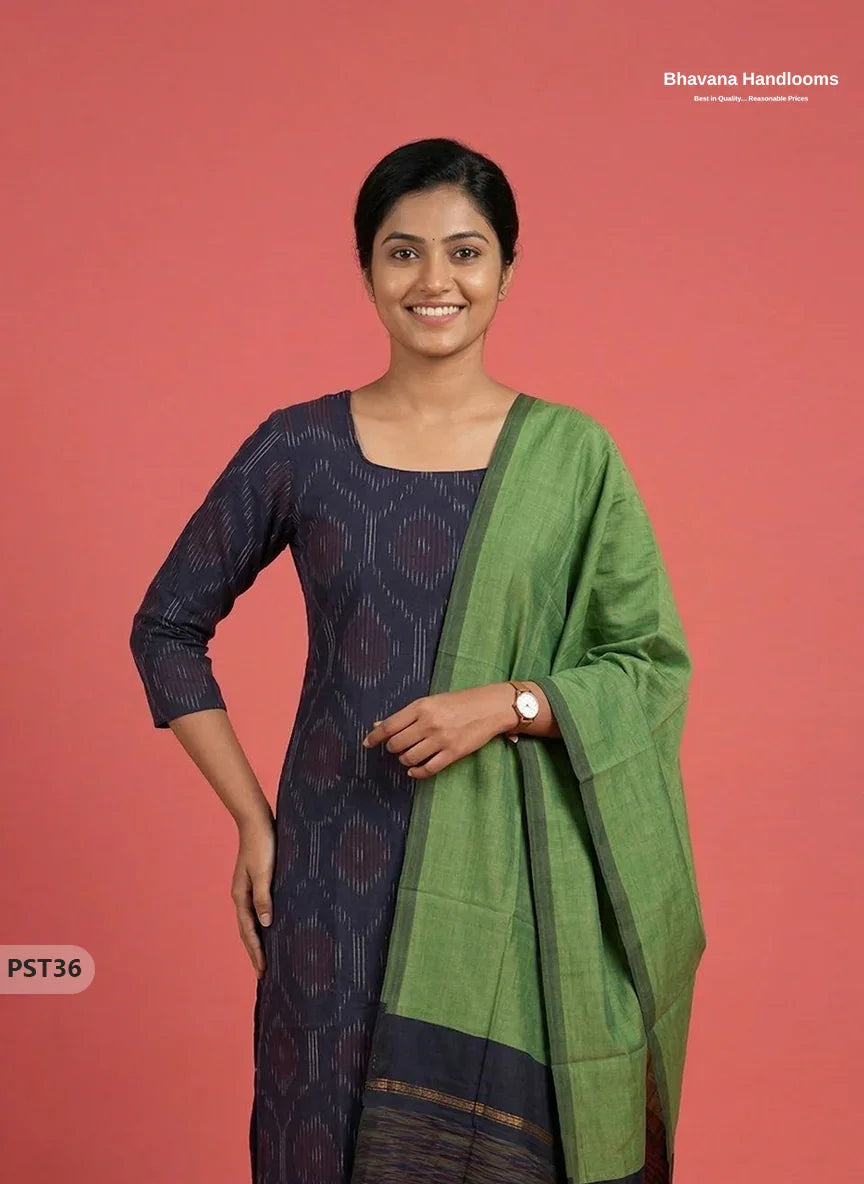 Pochampally Semi Pattu 3PC Kurti Set in Navy Blue Colour | Ready-to-Wear Ethnic Wear