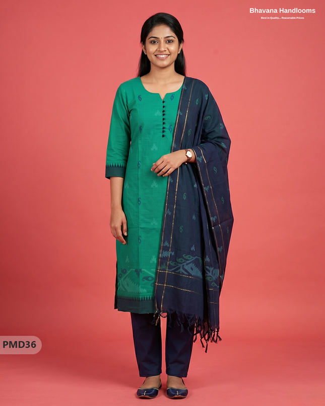 Mangalagiri  Handloom Printed Cotton Suit Set with Potli Balls – Teal Green Colour