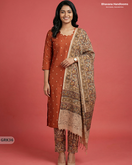 Raw Silk 3PC Kurti Set with Kalamkari Dupatta & Elastic Bottom in Orange Colour | Ethnic Wear