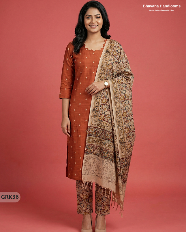 Raw Silk 3PC Kurti Set with Kalamkari Dupatta & Elastic Bottom in Orange Colour | Ethnic Wear