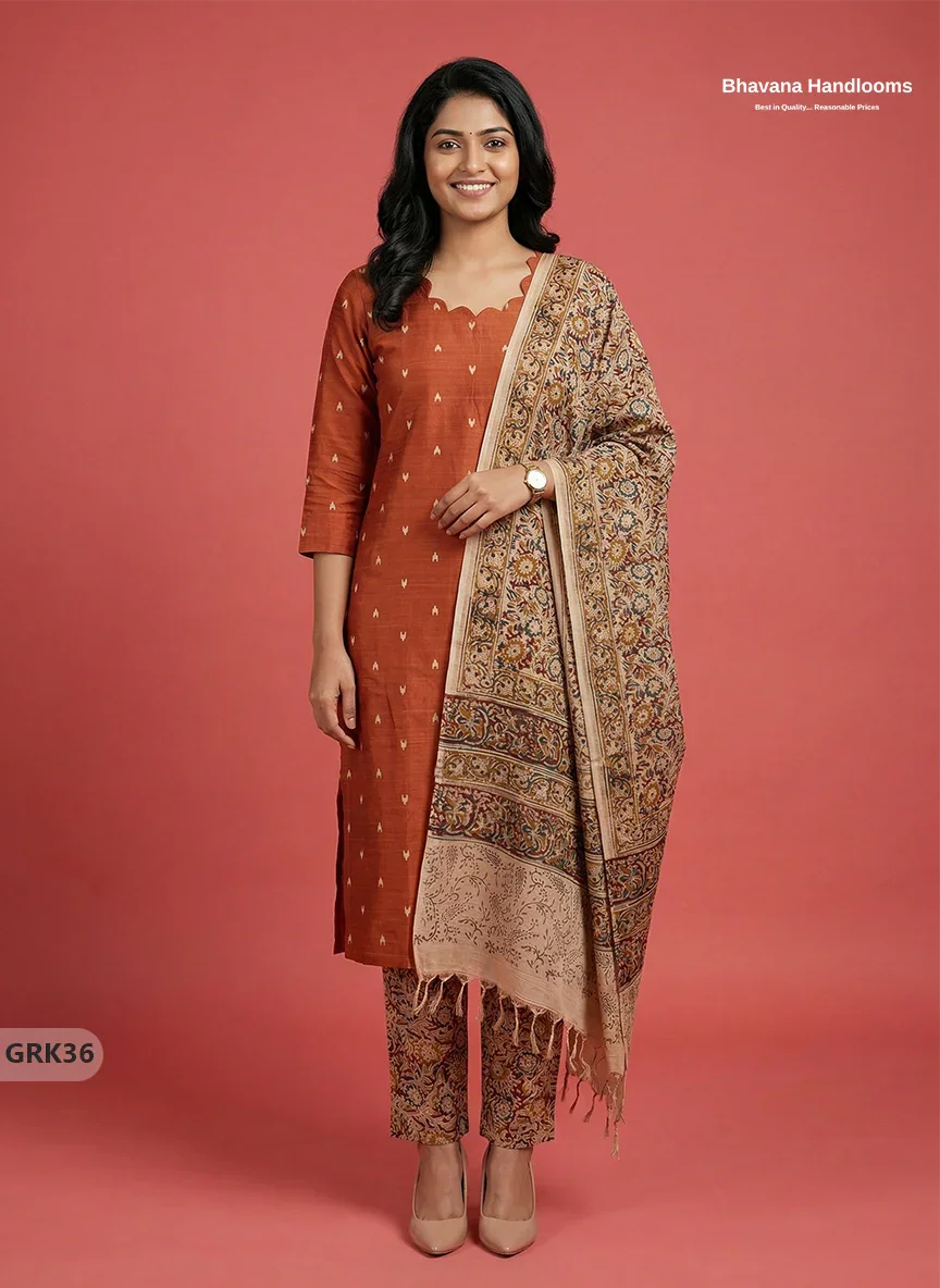 Raw Silk 3PC Kurti Set with Kalamkari Dupatta & Elastic Bottom in Orange Colour | Ethnic Wear