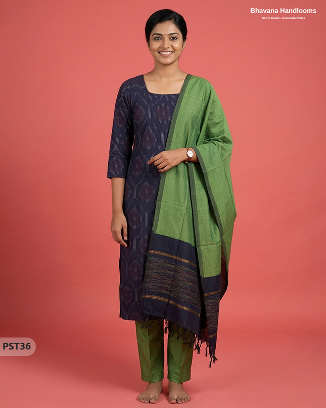 Pochampally Semi Pattu 3PC Kurti Set in Navy Blue Colour | Ready-to-Wear Ethnic Wear