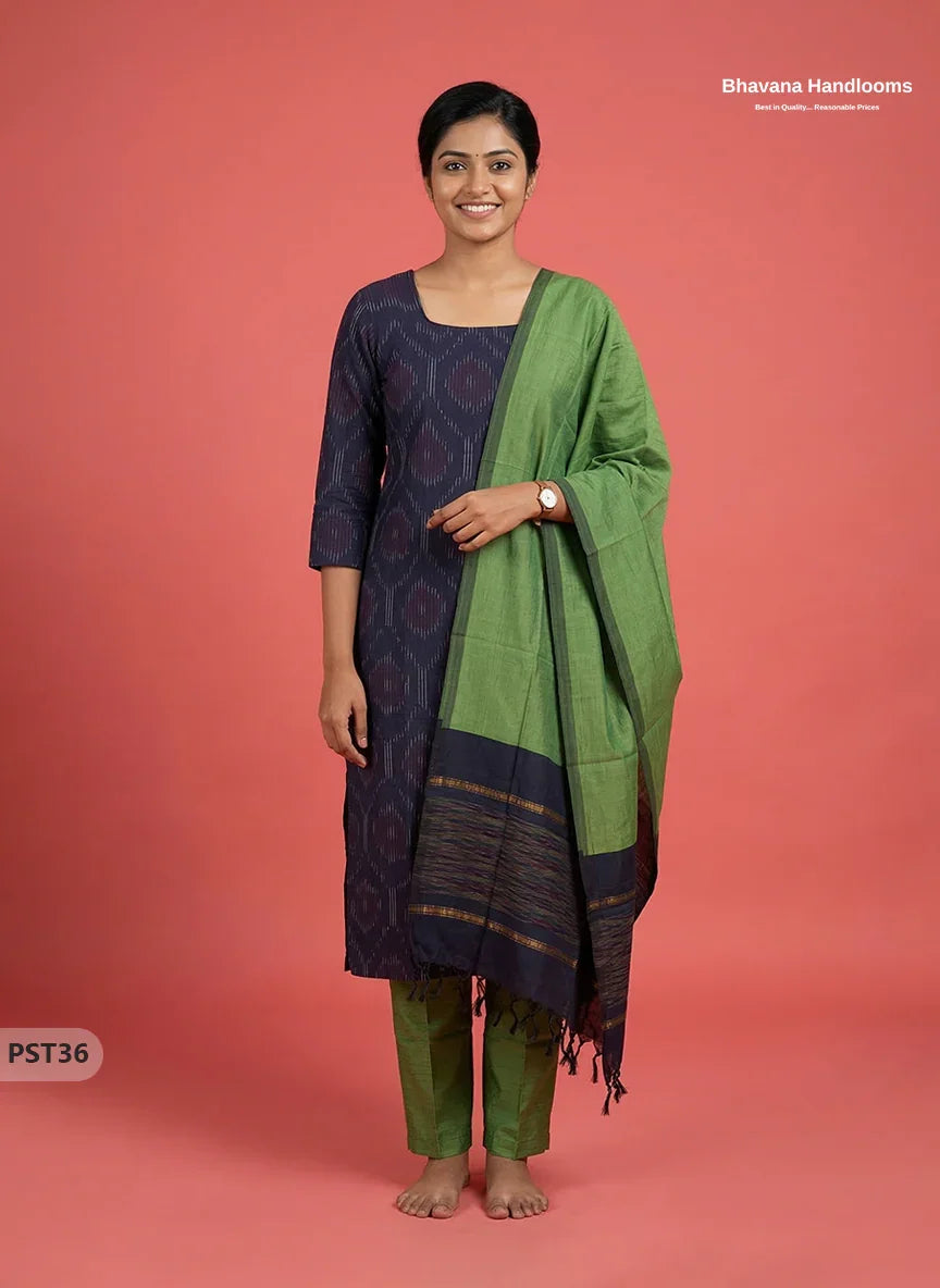 Pochampally Semi Pattu 3PC Kurti Set in Navy Blue Colour | Ready-to-Wear Ethnic Wear