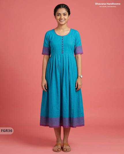 Summer Special Premium Cotton Handloom Frock with Woven Design | Sky Blue Colour