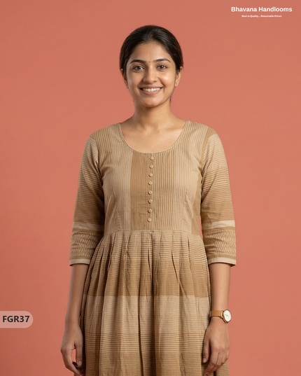 Summer Special Premium Cotton Handloom Frock with Woven Design | Light Brown Colour
