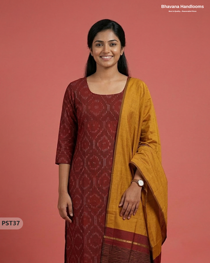 Pochampally Semi Pattu 3PC Kurti Set in Brown Colour | Ready-to-Wear Ethnic Wear