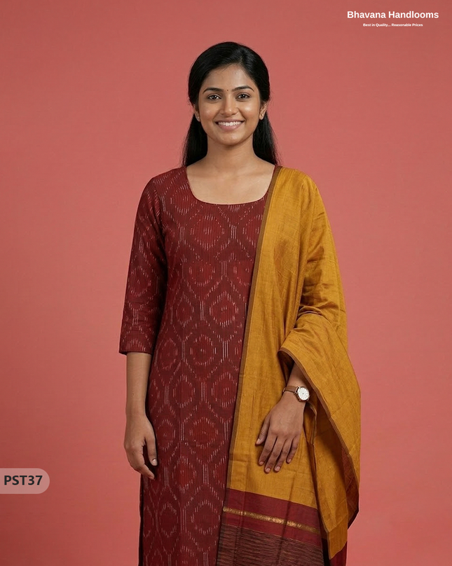 Pochampally Semi Pattu 3PC Kurti Set in Brown Colour | Ready-to-Wear Ethnic Wear