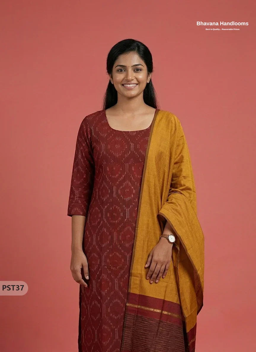 Pochampally Semi Pattu 3PC Kurti Set in Brown Colour | Ready-to-Wear Ethnic Wear