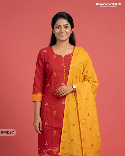 Mangalagiri Handloom Printed Cotton Suit Set with Potli Balls – Red Colour
