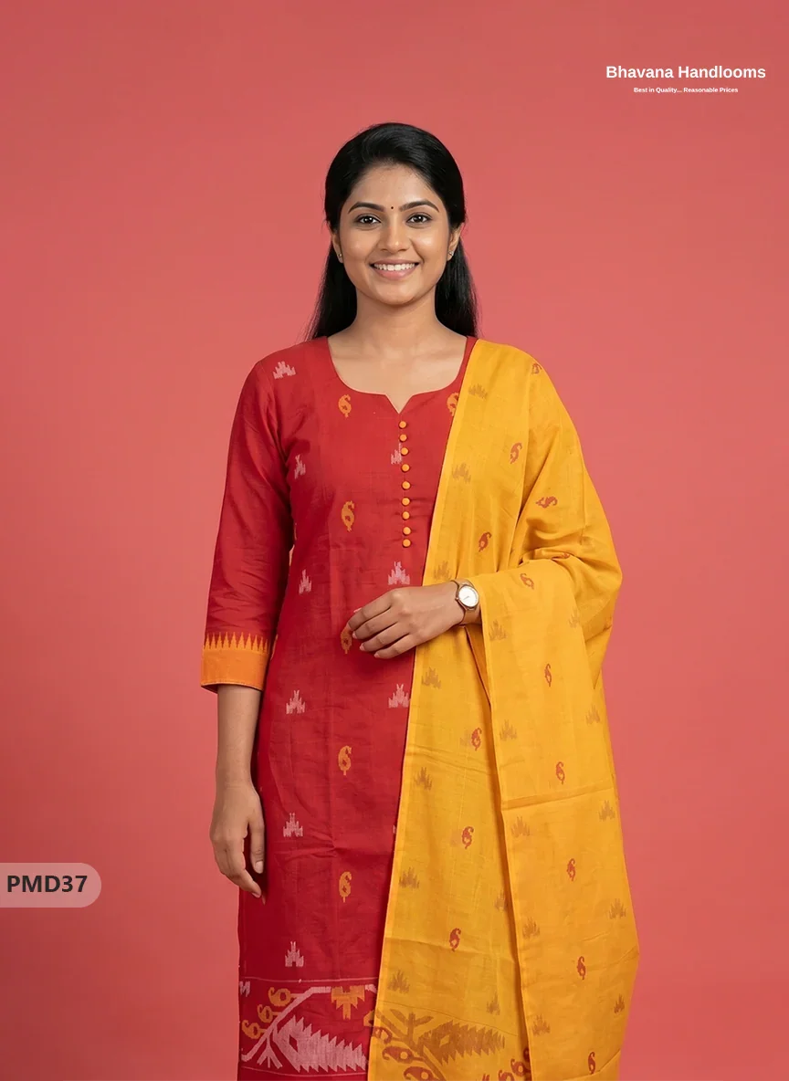 Mangalagiri Handloom Printed Cotton Suit Set with Potli Balls – Red Colour