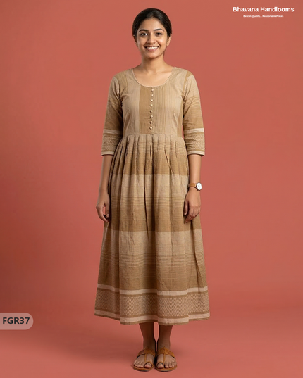 Summer Special Premium Cotton Handloom Frock with Woven Design | Light Brown Colour