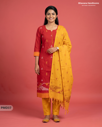 Mangalagiri Handloom Printed Cotton Suit Set with Potli Balls – Red Colour