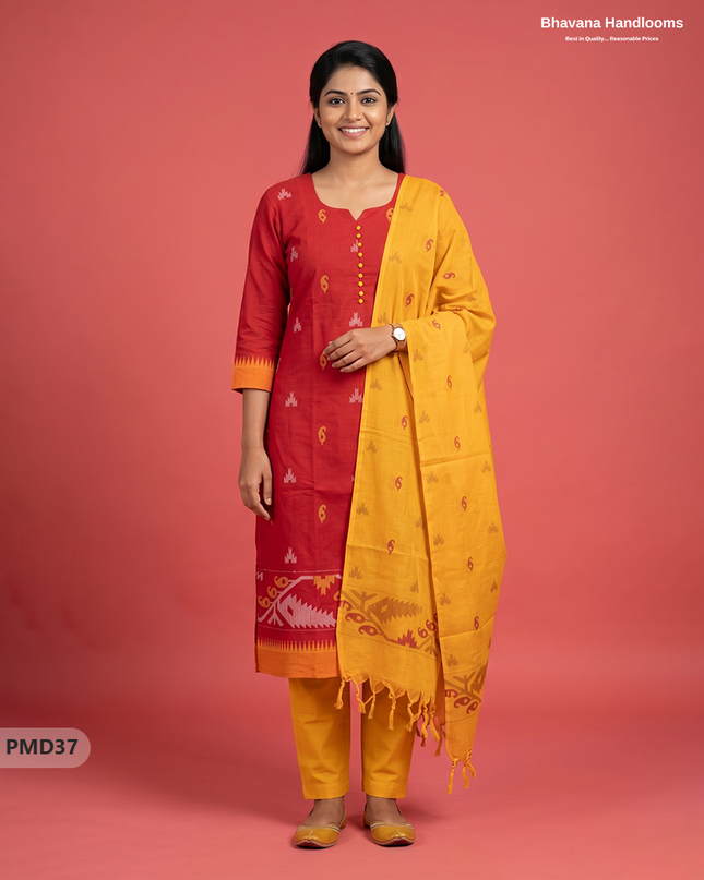 Mangalagiri Handloom Printed Cotton Suit Set with Potli Balls – Red Colour