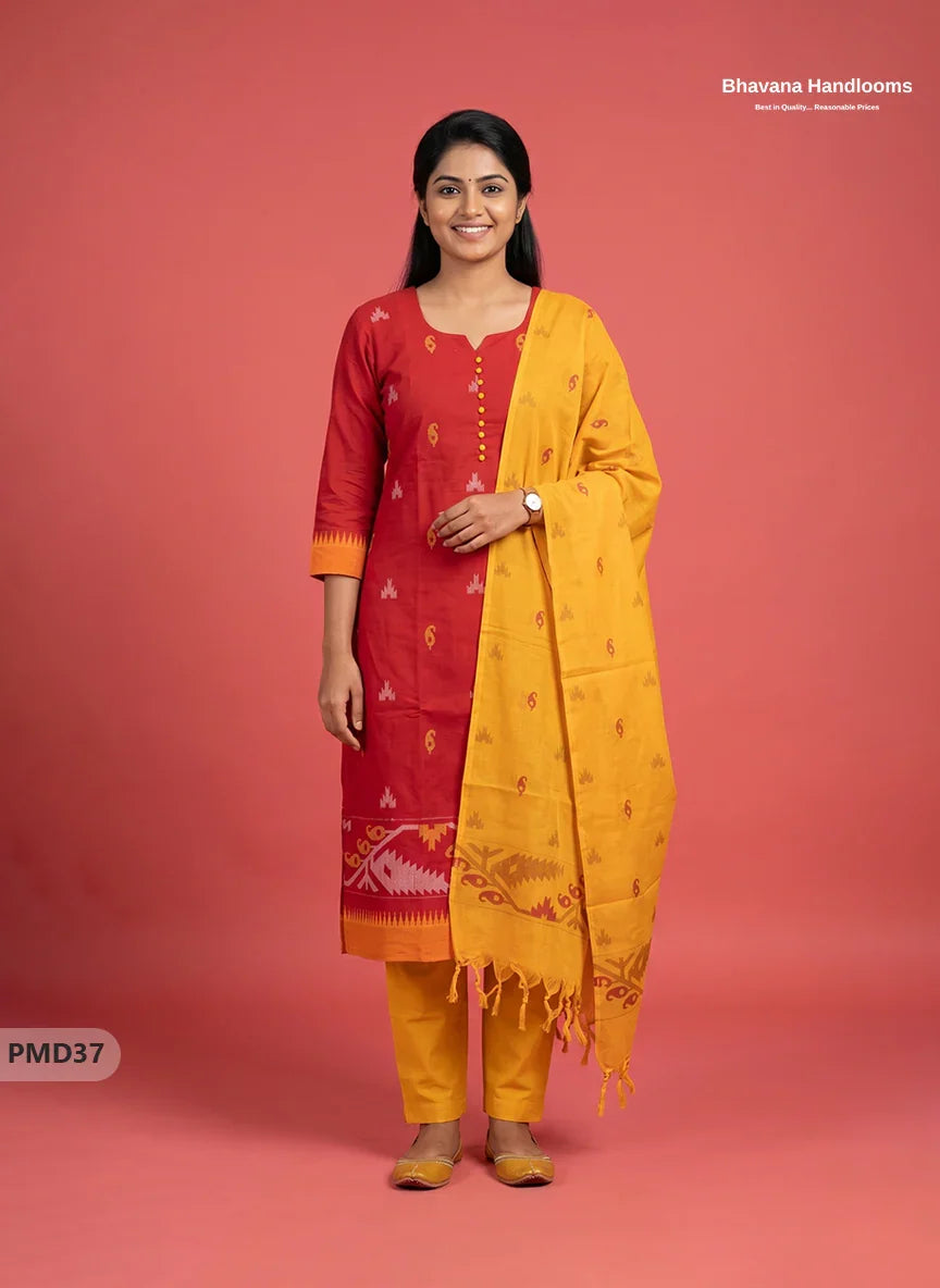 Mangalagiri Handloom Printed Cotton Suit Set with Potli Balls – Red Colour