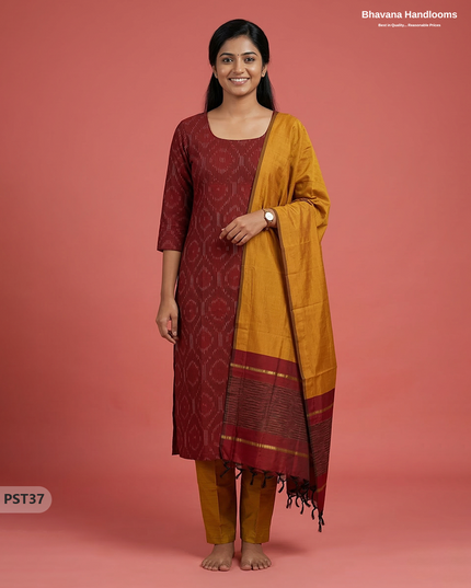 Pochampally Semi Pattu 3PC Kurti Set in Brown Colour | Ready-to-Wear Ethnic Wear