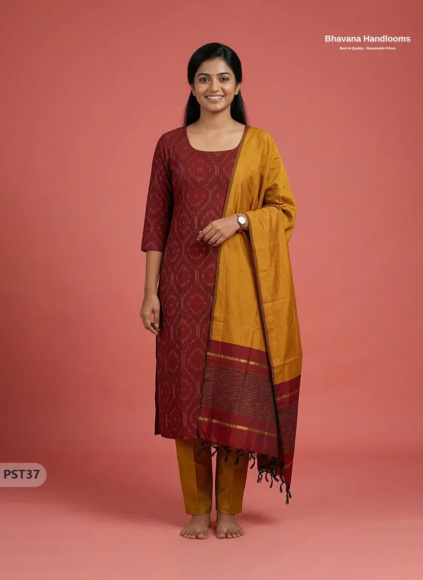 Pochampally Semi Pattu 3PC Kurti Set in Brown Colour | Ready-to-Wear Ethnic Wear
