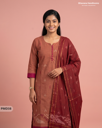 Mangalagiri Handloom Printed Cotton Suit Set with Potli Balls – Brown Colour