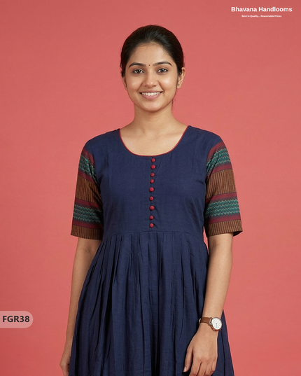 Summer Special Premium Cotton Handloom Frock with Woven Design | Navy Blue Colour
