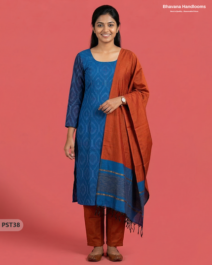 Pochampally Semi Pattu 3PC Kurti Set in Blue Colour | Ready-to-Wear Ethnic Wear