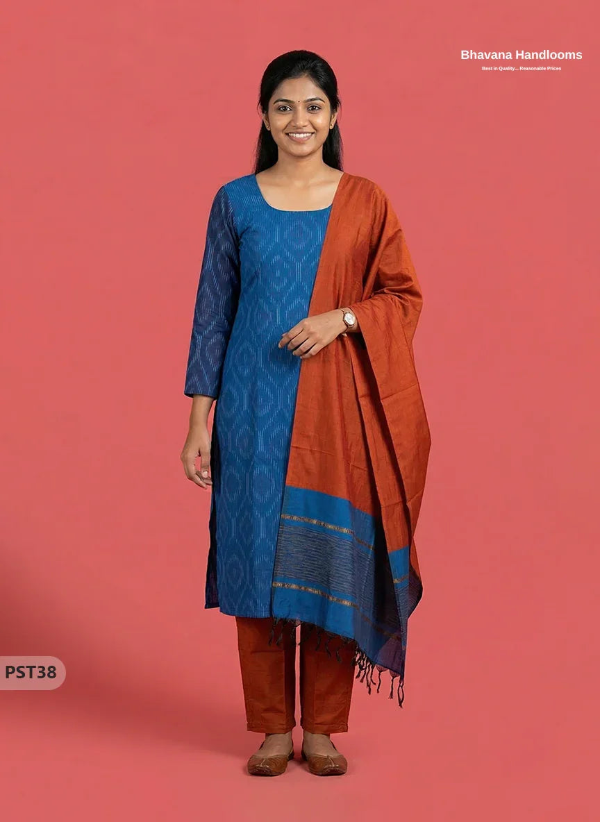 Pochampally Semi Pattu 3PC Kurti Set in Blue Colour | Ready-to-Wear Ethnic Wear