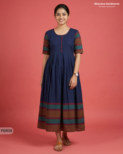 Summer Special Premium Cotton Handloom Frock with Woven Design | Navy Blue Colour