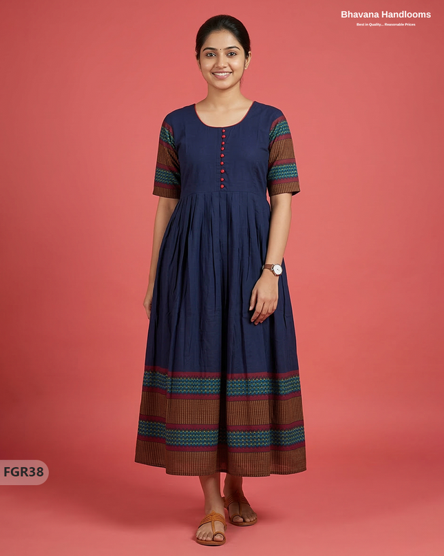 Summer Special Premium Cotton Handloom Frock with Woven Design | Navy Blue Colour