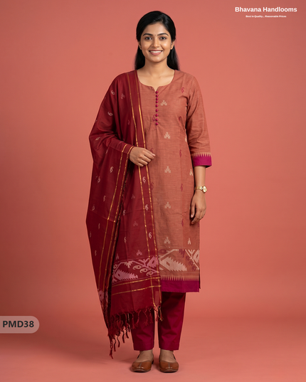Mangalagiri Handloom Printed Cotton Suit Set with Potli Balls – Brown Colour