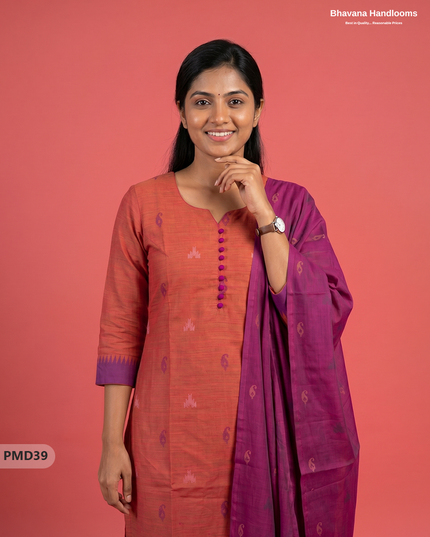 Mangalagiri Handloom Printed Cotton Suit Set with Potli Balls – Purple & Orange Double Weeven Colour