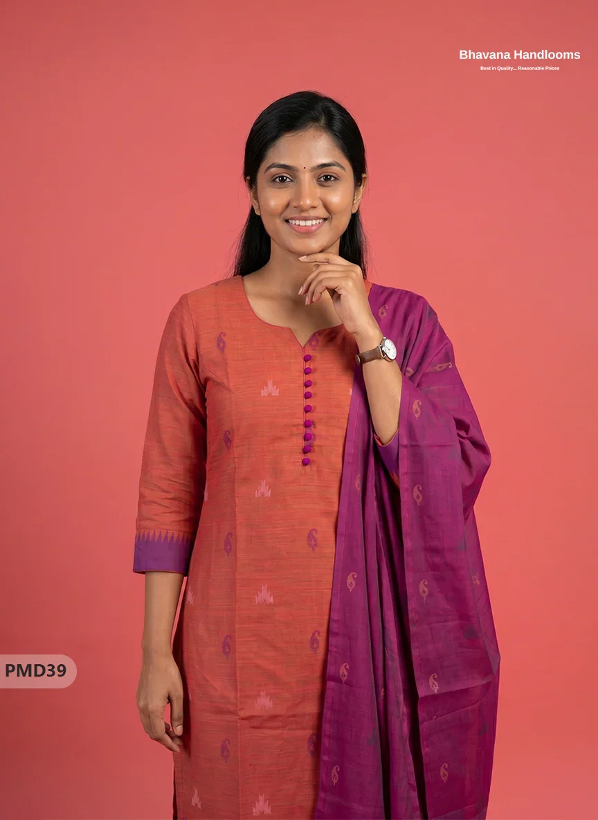 Mangalagiri Handloom Printed Cotton Suit Set with Potli Balls – Purple & Orange Double Weeven Colour