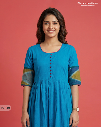 Summer Special Premium Cotton Handloom Frock with Woven Design | Blue Colour
